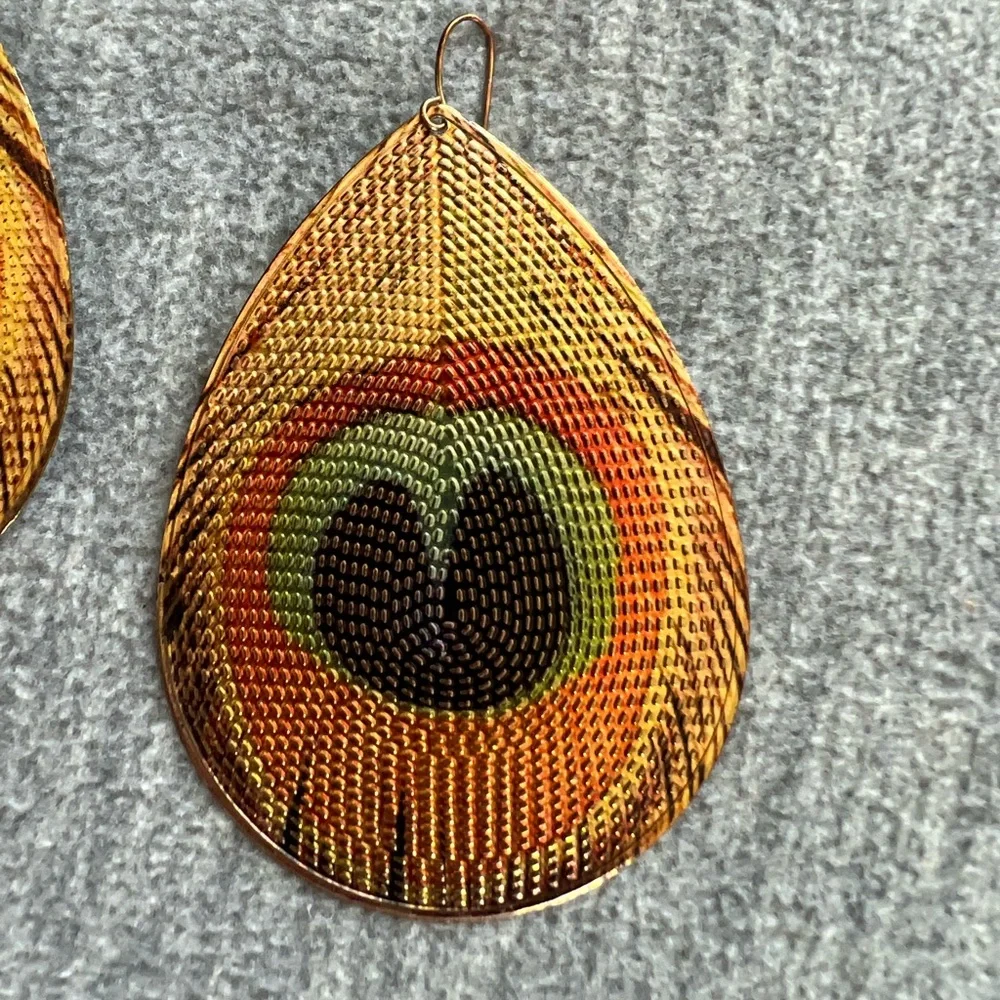 Peacock Feather Design Pierced‎ Earrings Thin Large Lightweight Flat Multicolor
